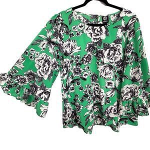 Peasant Boho Top Green White Floral Bell Sleeves Ruffle Bobeau Large